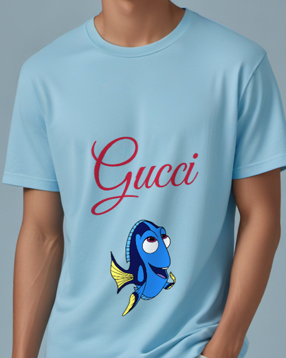 Sky Blue Blue Fish With Yellow Fins Smiling Graphic T-Shirt - model wearing view