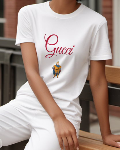 White Armored Blond Knight Graphic T-Shirt - model wearing view