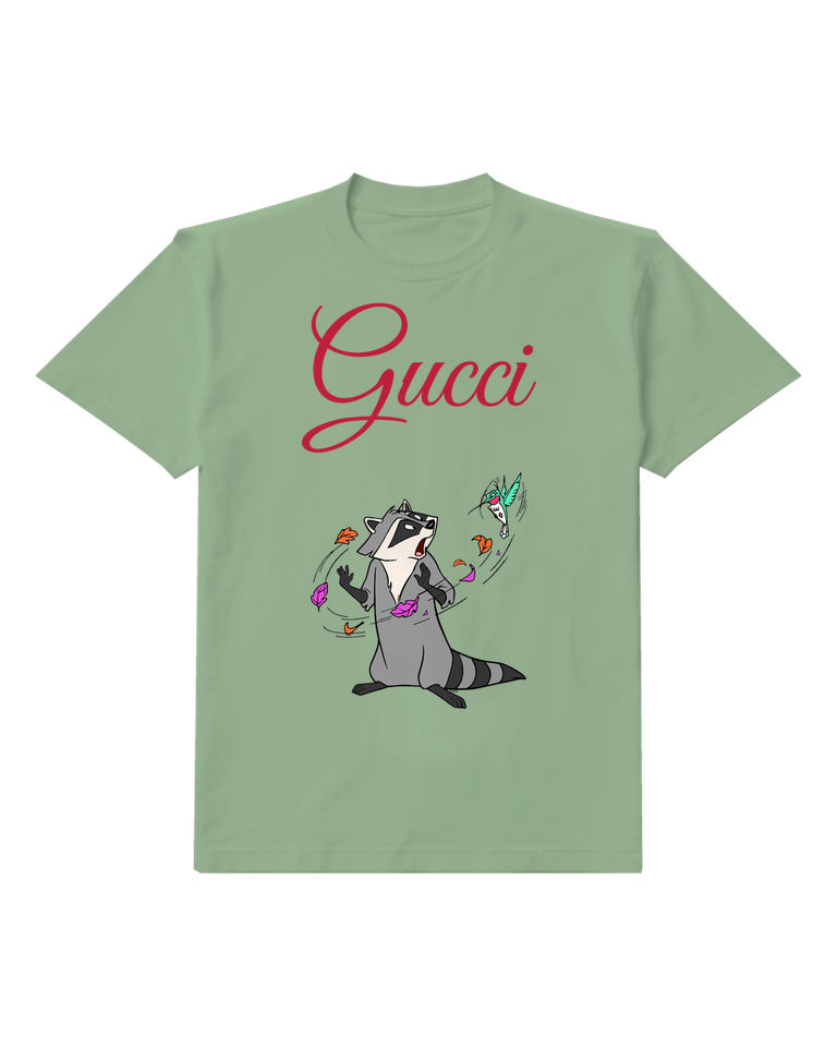 Sage Green Raccoon Startled By Falling Leaves Graphic T-Shirt - front product view
