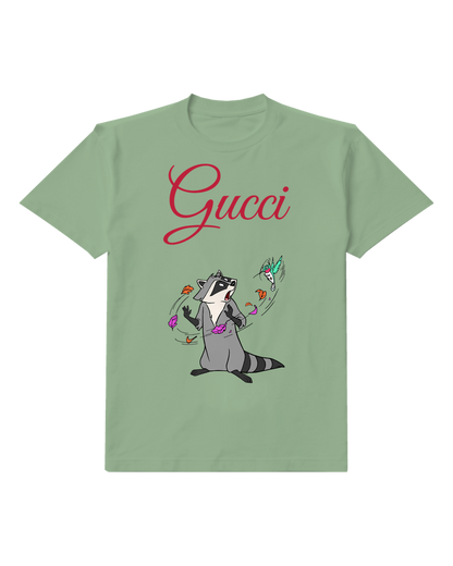 Sage Green Raccoon Startled By Falling Leaves Graphic T-Shirt - front product view