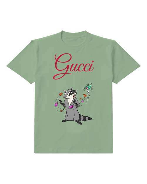 Sage Green Raccoon Startled By Falling Leaves Graphic T-Shirt - front product view