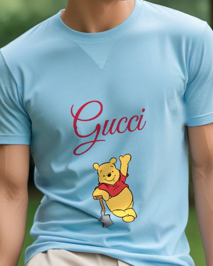 Sky Blue Winnie The Pooh Waving Cheerfully Graphic T-Shirt - model wearing view