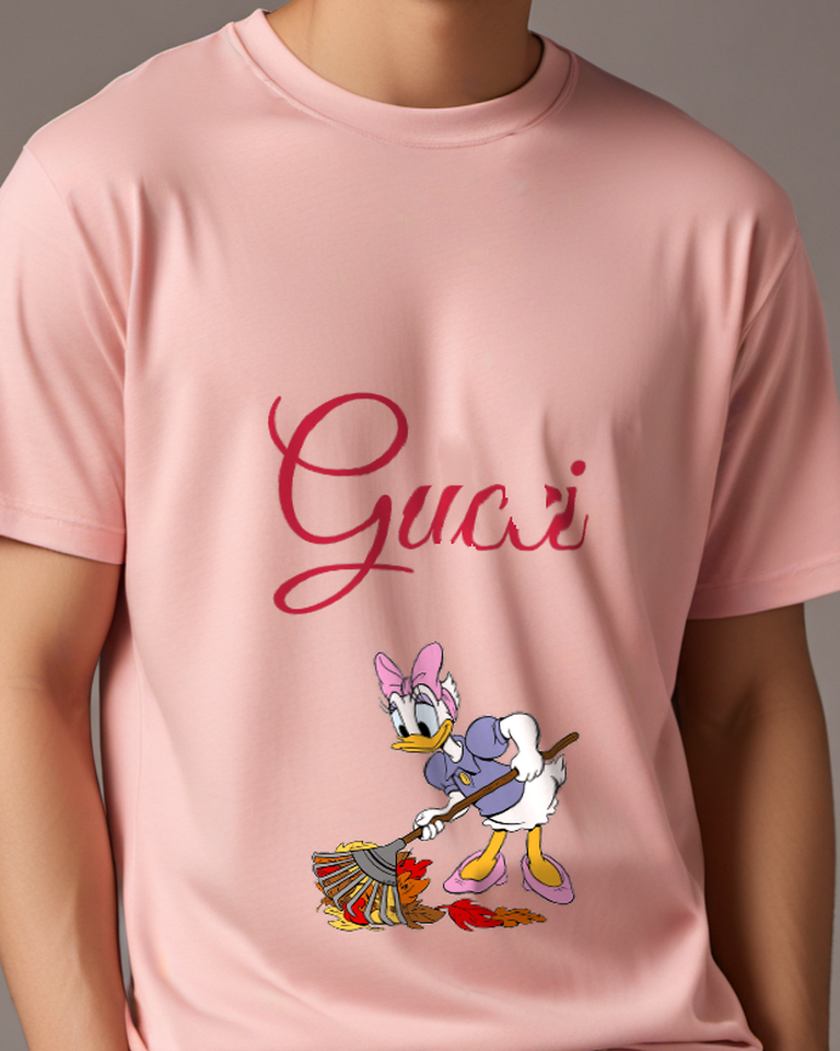 Blush Pink Daisy Duck Sweeping Autumn Leaves Graphic T-Shirt - model wearing view