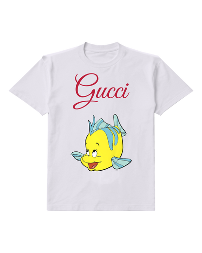 Light Gray Yellow Fish With Blue Fins Smiling Graphic T-Shirt - front product view