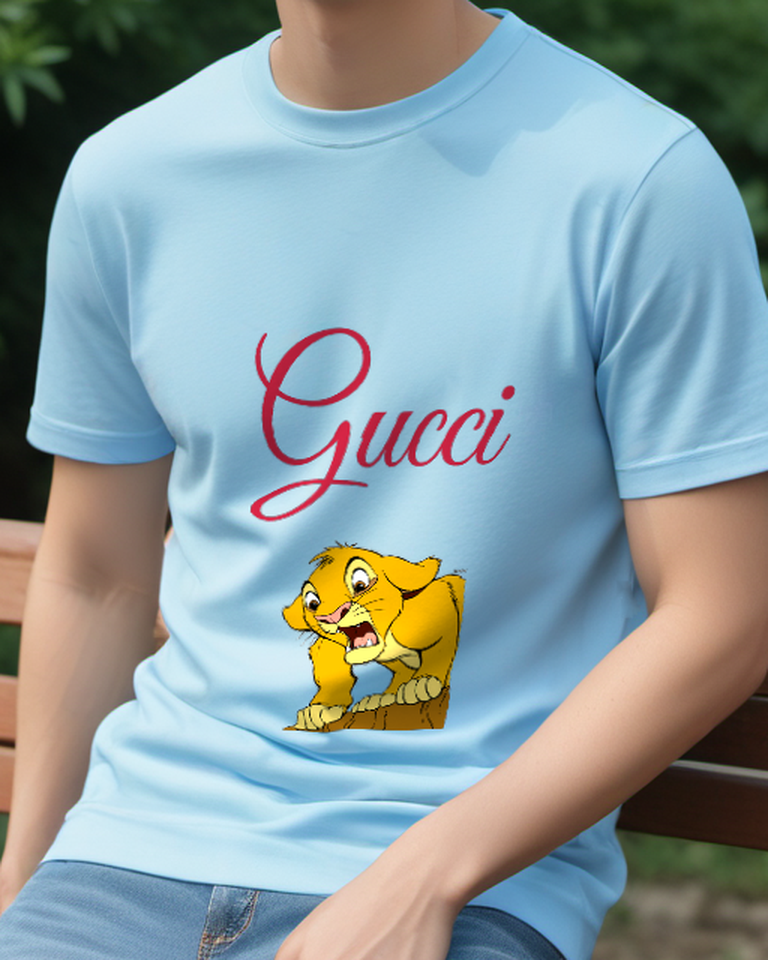 Sky Blue Young Lion Cub Roaring From Ledge Graphic T-Shirt - model wearing view