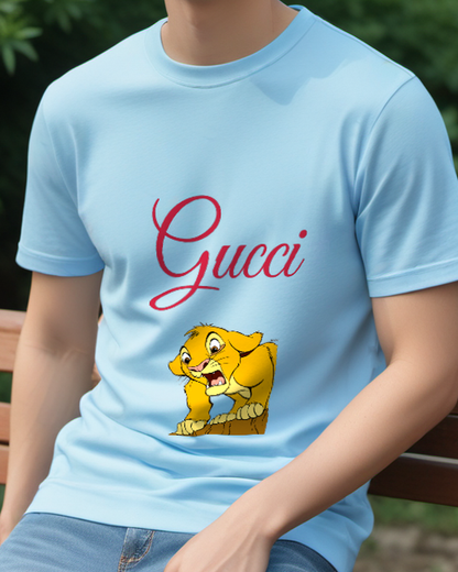 Sky Blue Young Lion Cub Roaring From Ledge Graphic T-Shirt - model wearing view