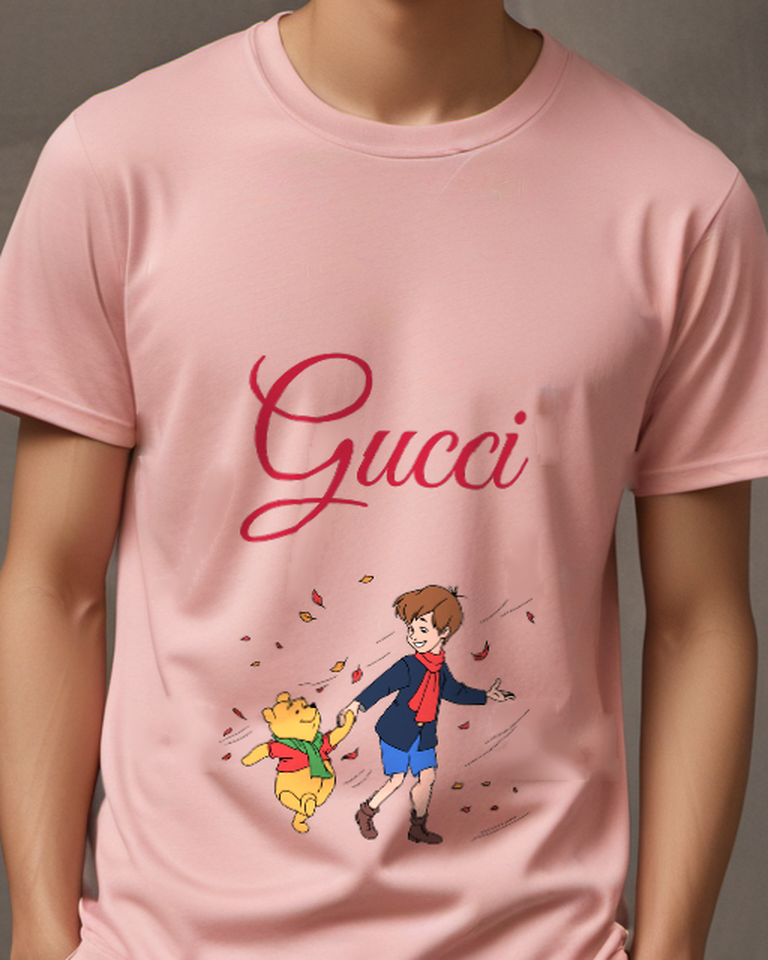 Blush Pink Child And Bear Dancing Graphic T-Shirt - model wearing view