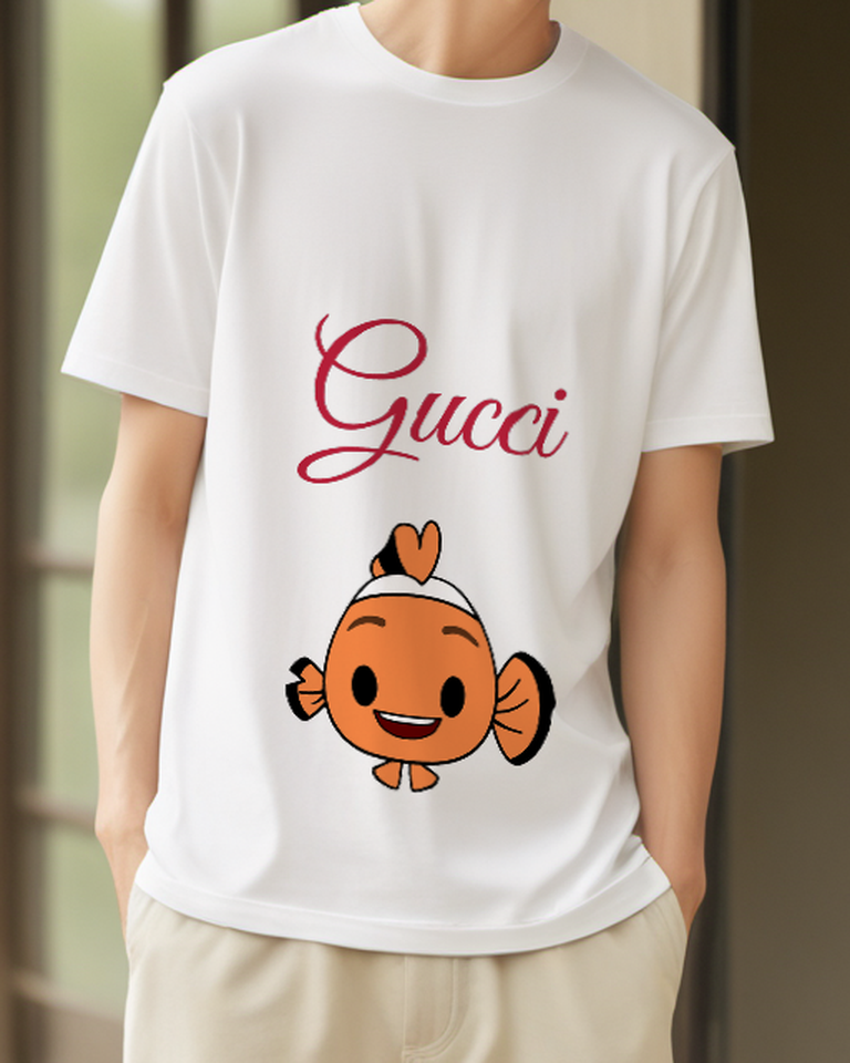 White Orange Fish With Heart Fin Graphic T-Shirt - model wearing view