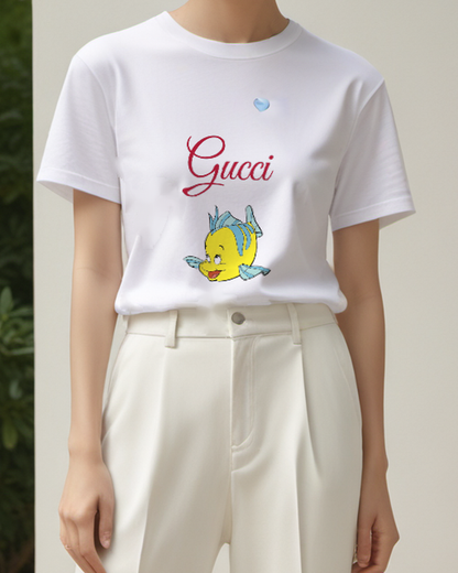 Light Gray Yellow Fish With Blue Fins Smiling Graphic T-Shirt - model wearing view