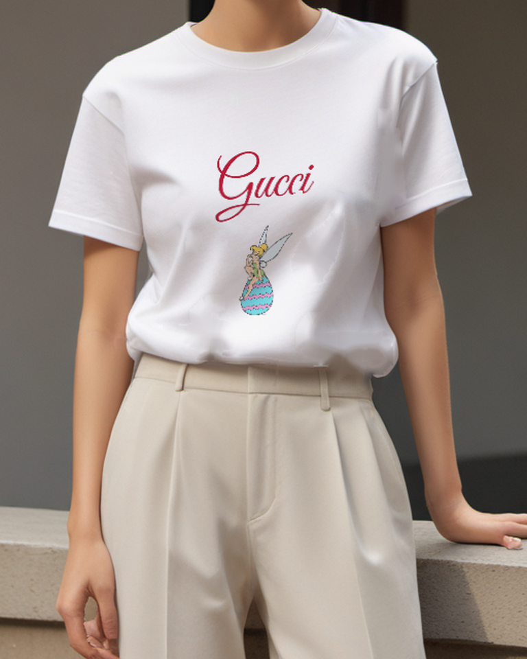 White Fairy Pastel Striped Egg Graphic T-Shirt - model wearing view