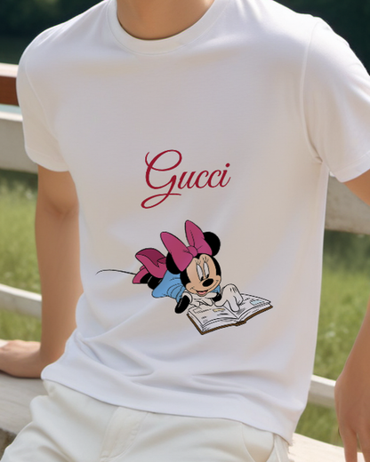 Light Gray Minnie Mouse Reading Book Graphic T-Shirt - model wearing view