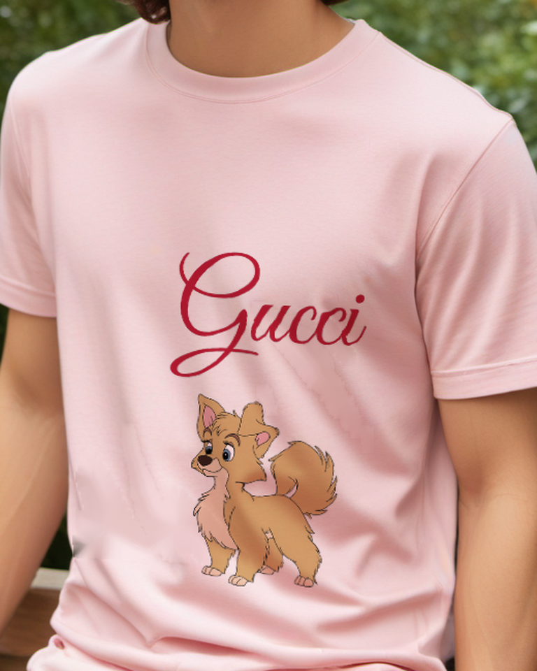 Blush Pink Cartoon Dog Standing Alertly Graphic T-Shirt - model wearing view