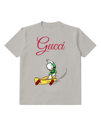 Light Gray Louie Skateboarding On Yellow Board Graphic T-Shirt - front product view