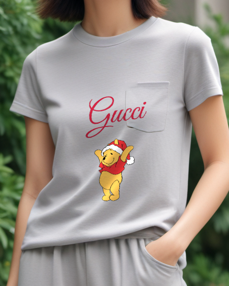 Light Gray Winnie The Pooh Dancing In Santa Hat Graphic T-Shirt - model wearing view