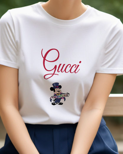 White Mickey Mouse As Magician Holding Cards Graphic T-Shirt - model wearing view