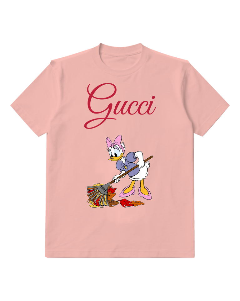 Blush Pink Daisy Duck Sweeping Autumn Leaves Graphic T-Shirt - front product view