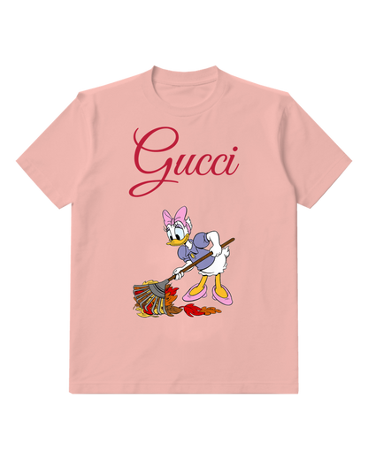 Blush Pink Daisy Duck Sweeping Autumn Leaves Graphic T-Shirt - front product view