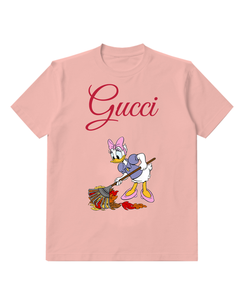 Blush Pink Daisy Duck Sweeping Autumn Leaves Graphic T-Shirt - front product view