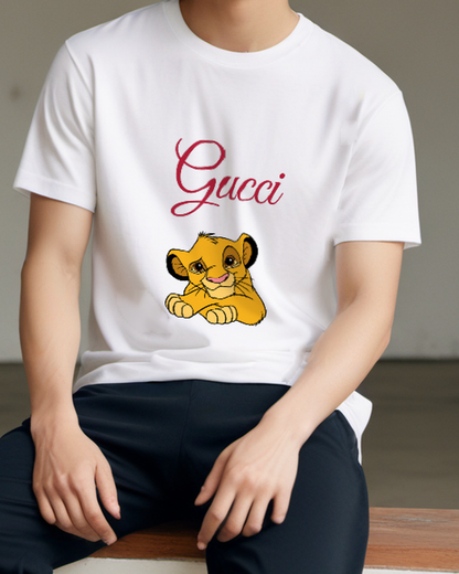 White Young Lion Cub Resting On Paws Graphic T-Shirt - model wearing view