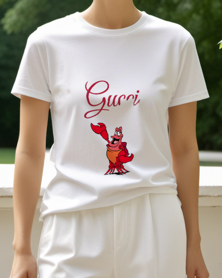 Light Gray Red Crab With Wide Grin Waving Claw Graphic T-Shirt - model wearing view