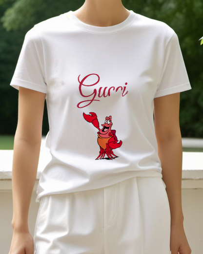 Light Gray Red Crab With Wide Grin Waving Claw Graphic T-Shirt - model wearing view