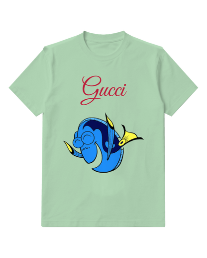 Sage Green Blue Fish With Yellow Fins Smiling Graphic T-Shirt - front product view