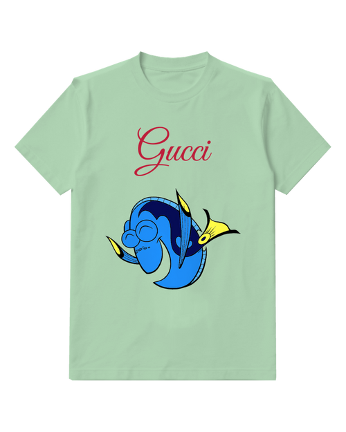 Sage Green Blue Fish With Yellow Fins Smiling Graphic T-Shirt - front product view