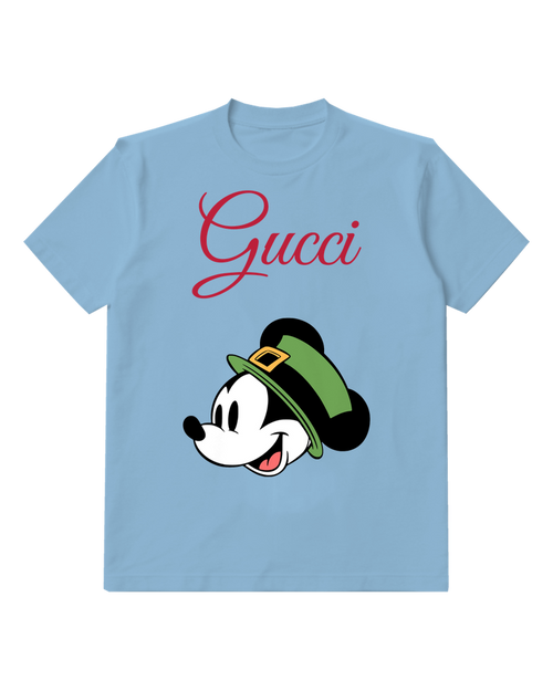 Sky Blue Mickey Mouse Wearing Green Hat Graphic T-Shirt - front product view