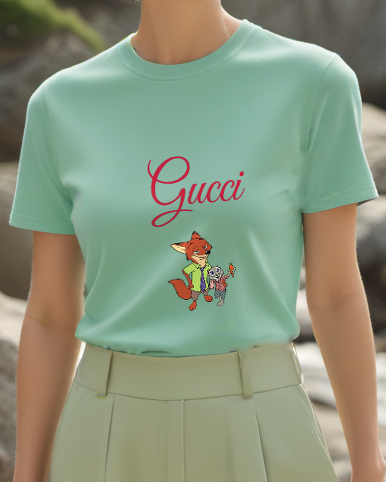 Sage Green Fox And Rabbit Pair Graphic T-Shirt - model wearing view