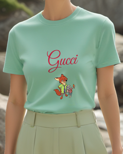 Sage Green Fox And Rabbit Pair Graphic T-Shirt - model wearing view