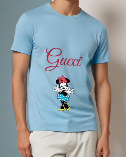 Sky Blue Minnie Mouse Winking With Hands Up Graphic T-Shirt - model wearing view