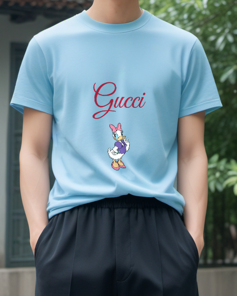 Sky Blue Duck Purple Top Standing Graphic T-Shirt - model wearing view