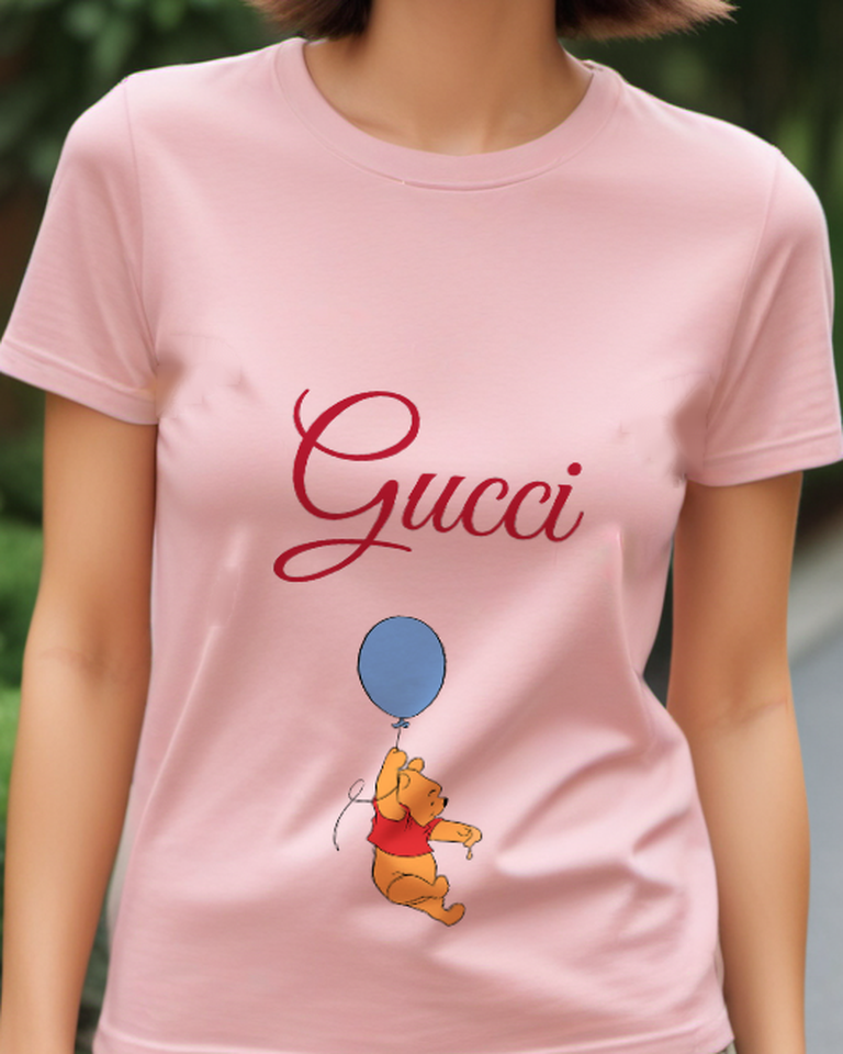 Blush Pink Winnie The Pooh Holding Blue Balloon Graphic T-Shirt - model wearing view