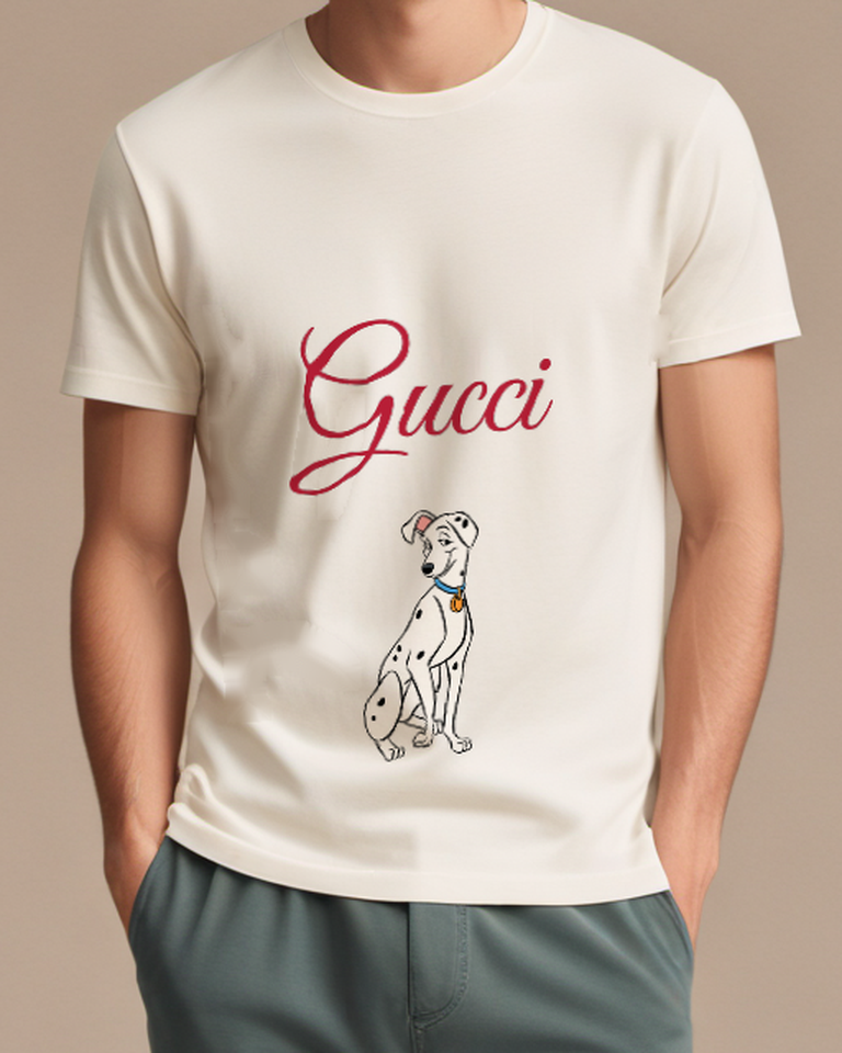Ivory Dalmatian Dog Sitting Upright Graphic T-Shirt - model wearing view