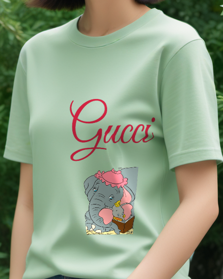 Sage Green Dumbo Reading Book With Mother Graphic T-Shirt - model wearing view
