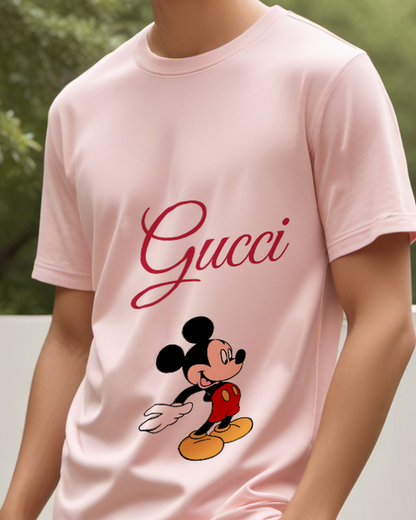Blush Pink Mickey Mouse Waving Cheerfully Crew Neck Graphic T-Shirt - model wearing view