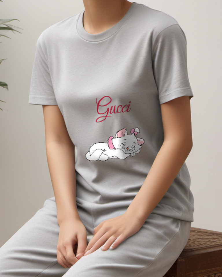 Gray White Cat Sleeping Curled Up Graphic T-Shirt - model wearing view