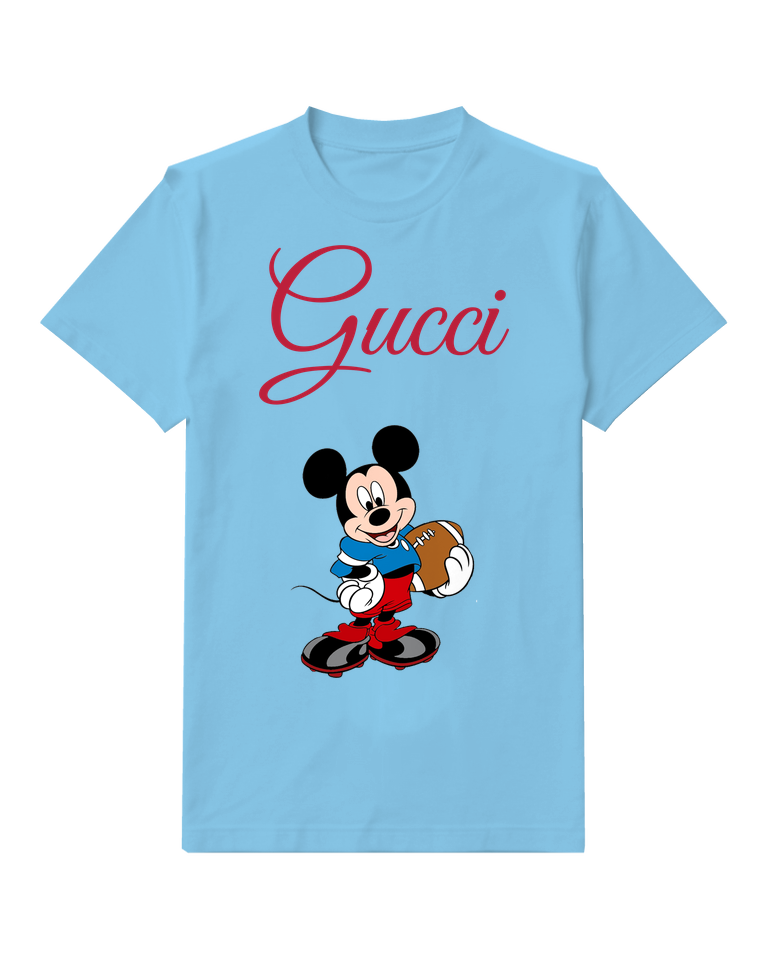 Sky Blue Mickey Mouse Holding Football Graphic T-Shirt - front product view