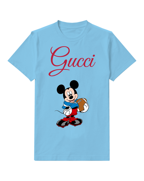 Sky Blue Mickey Mouse Holding Football Graphic T-Shirt - front product view