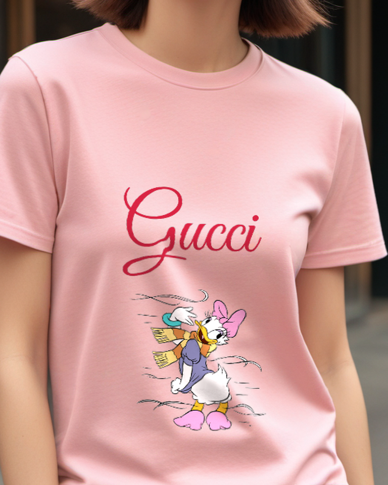 Blush Pink Daisy Duck Windswept Scarf Flapping Graphic T-Shirt - model wearing view