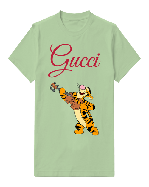 Sage Green Tigger Playing Violin Enthusiastically Graphic T-Shirt - front product view