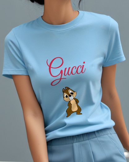 Sky Blue Curious Chipmunk Standing Upright Graphic T-Shirt - model wearing view