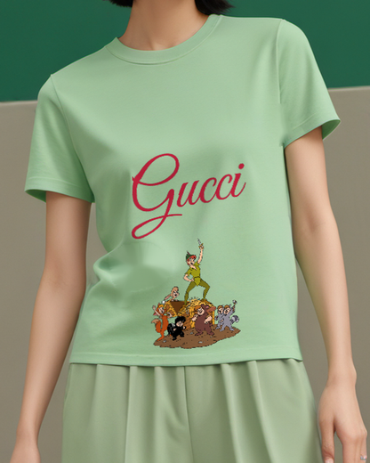 Sage Green Forest Children Gathered Group Graphic T-Shirt - model wearing view