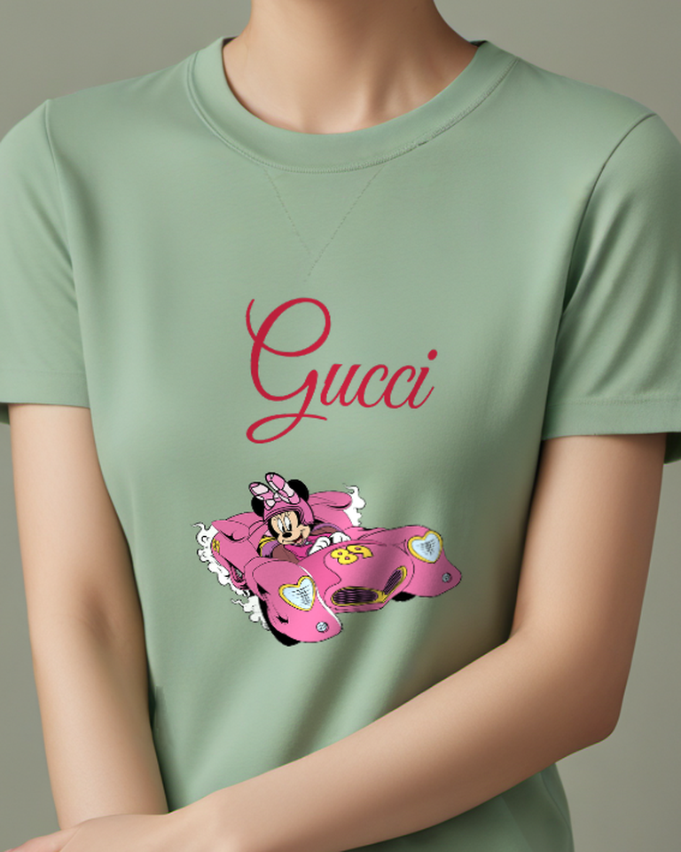 Sage Green Minnie Mouse Racing In Pink Vehicle Graphic T-Shirt - model wearing view
