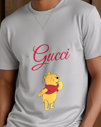 Gray Winnie The Pooh Waving Hand Graphic T-Shirt - model wearing view