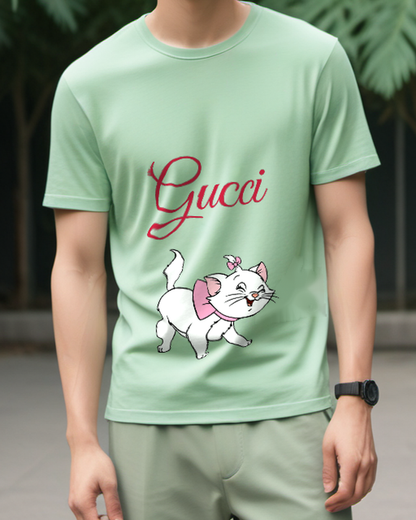 Sage Green White Kitten Pink Ribbon Graphic T-Shirt - model wearing view