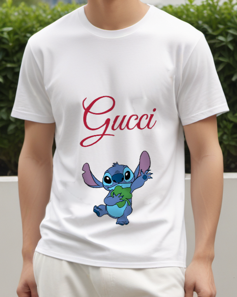 White Blue Creature Green Leaf Graphic T-Shirt - model wearing view