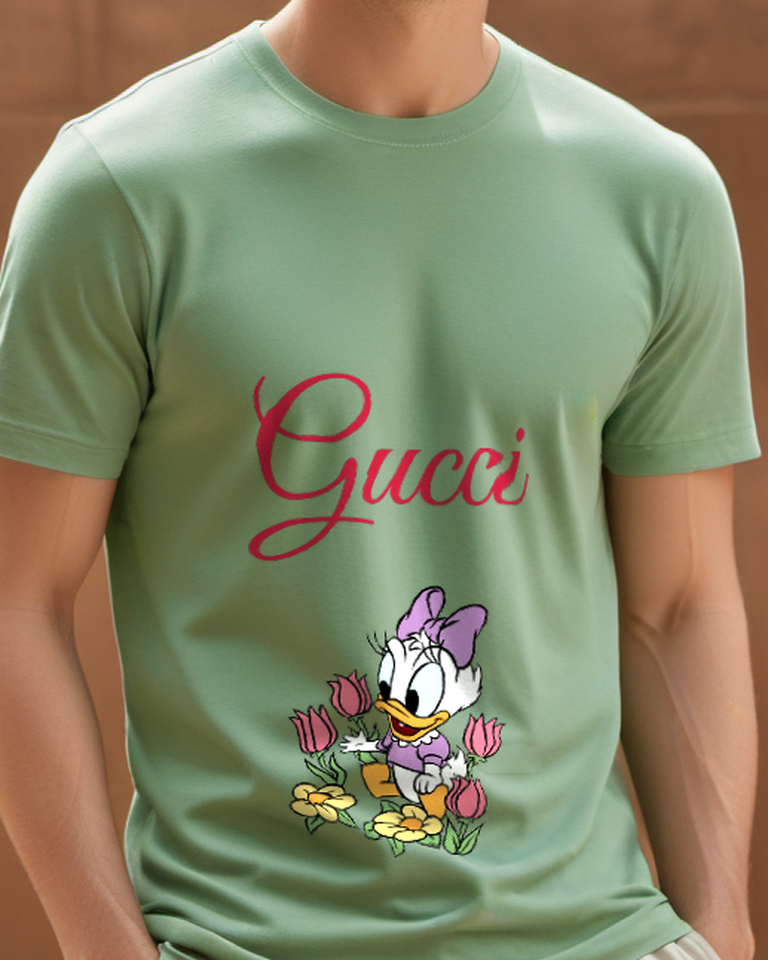 Sage Green Baby Daisy Duck Holding Flowers Graphic T-Shirt - model wearing view