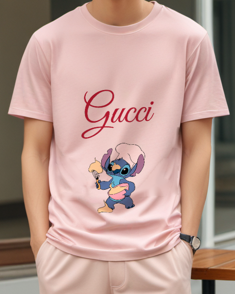 Blush Pink Baker Stitch Holding Whisk And Bowl Graphic T-Shirt - model wearing view