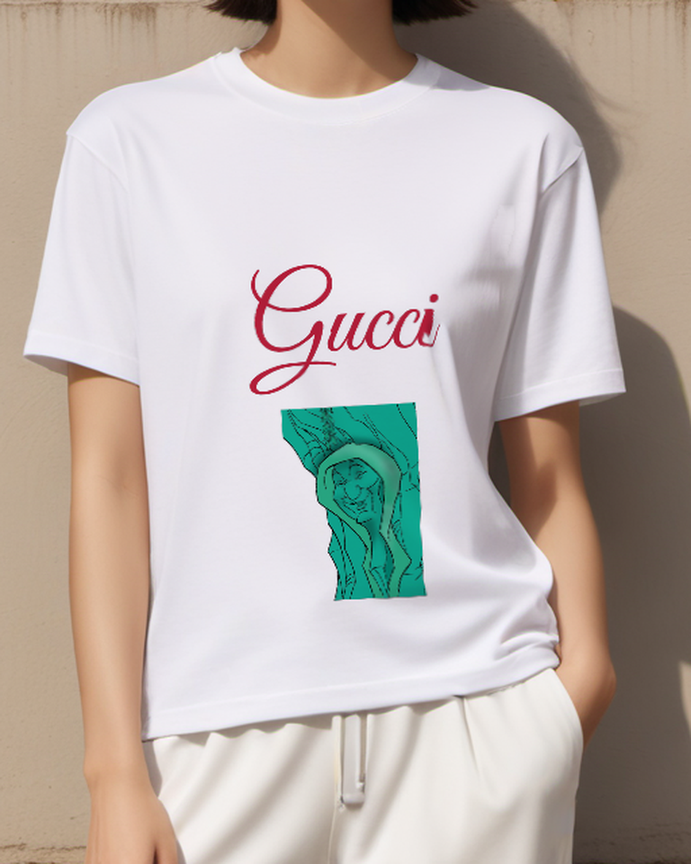 White Turquoise Carved Face Panel Graphic T-Shirt - model wearing view